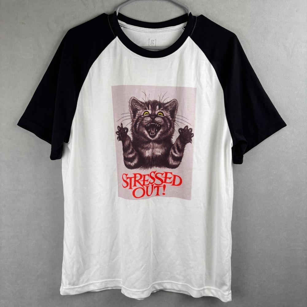 George Mens Stressed Out Cat Graphic Raglan T-Shirt White Black Large L 42-44